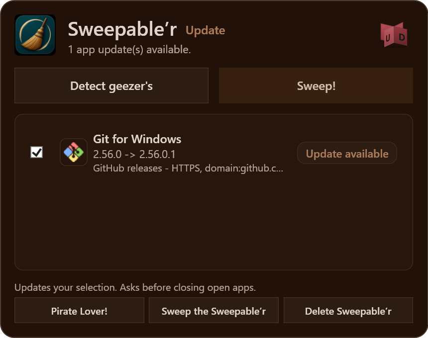 Sweepable’r’s Update screen, showing a selectable Git for Windows update